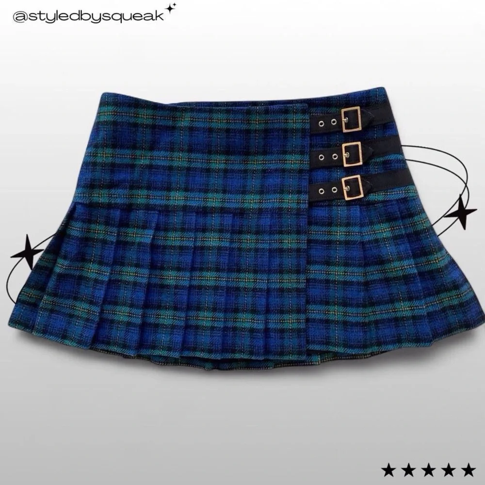 Juicy Couture Vintage Y2K Green Blue Plaid Pleated Mini Skirt Small - Picture 1 of 5